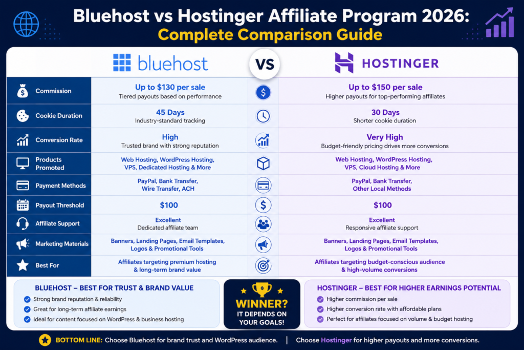 Bluehost vs Hostinger Affiliate Program 2026: Commission Structure Comparison